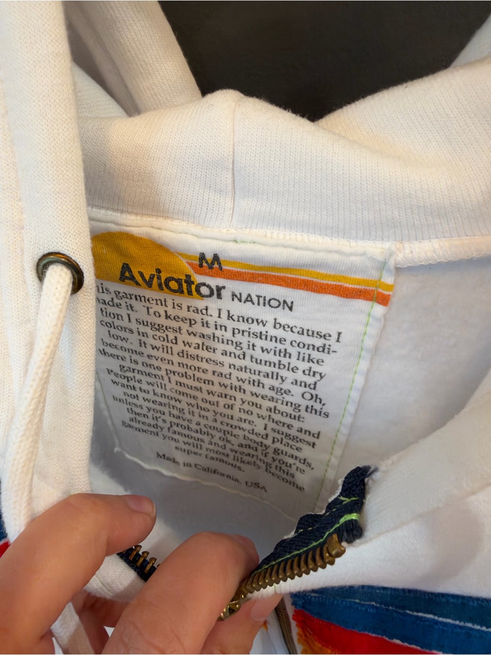 Aviator Nation 5 Stripe Zip Hoodie Vintage White Size M - Picture 3 of 3
